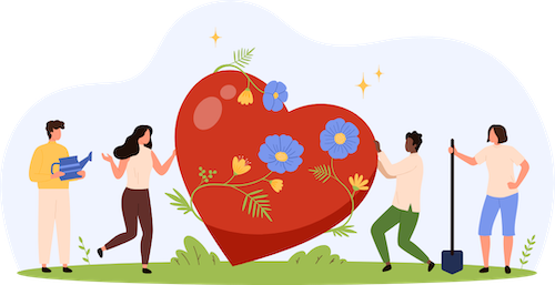 group of diverse people nurturing a giant heart with blooming flowers