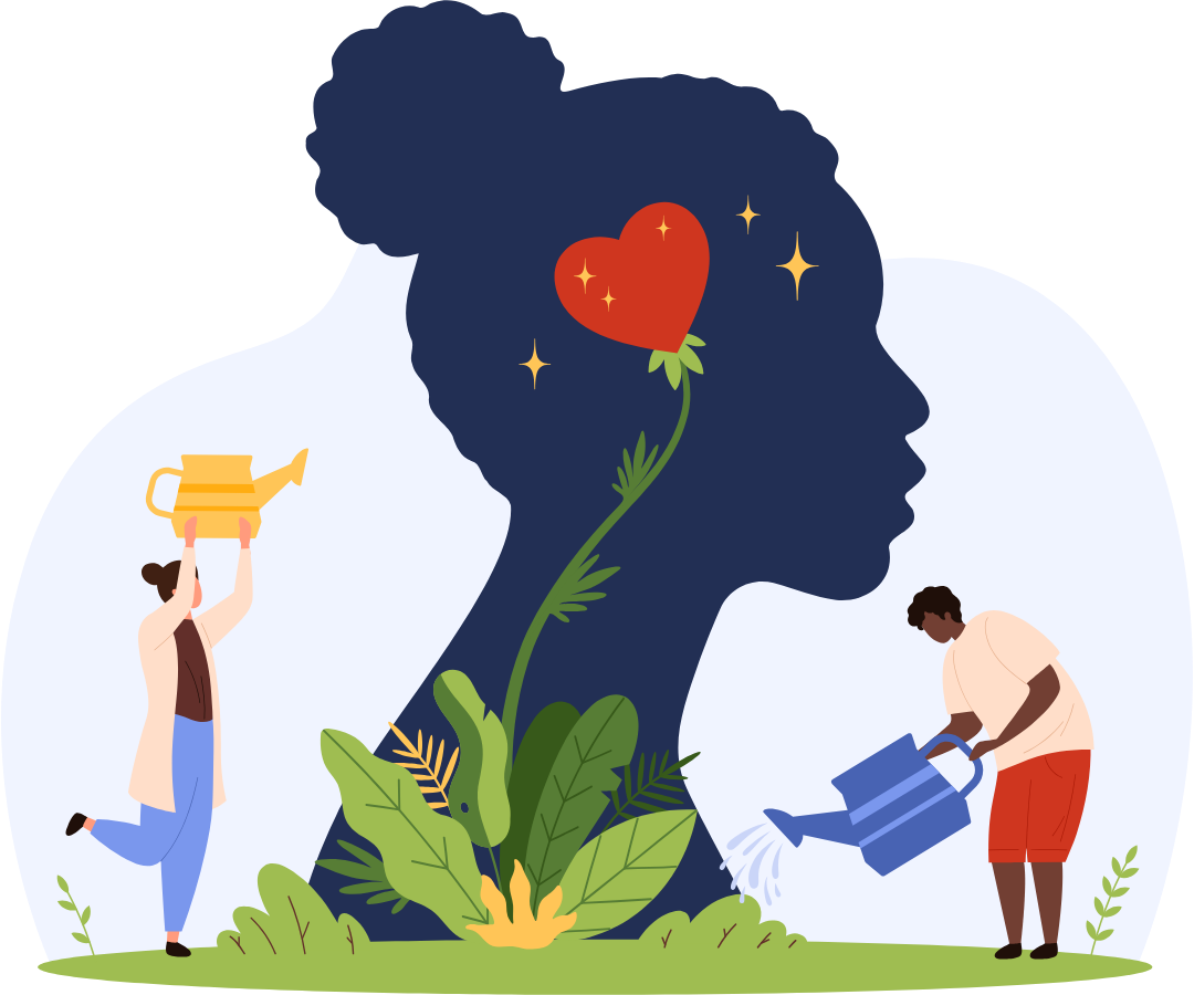 people nurturing a heart-shaped flower inside a silhouette of a woman